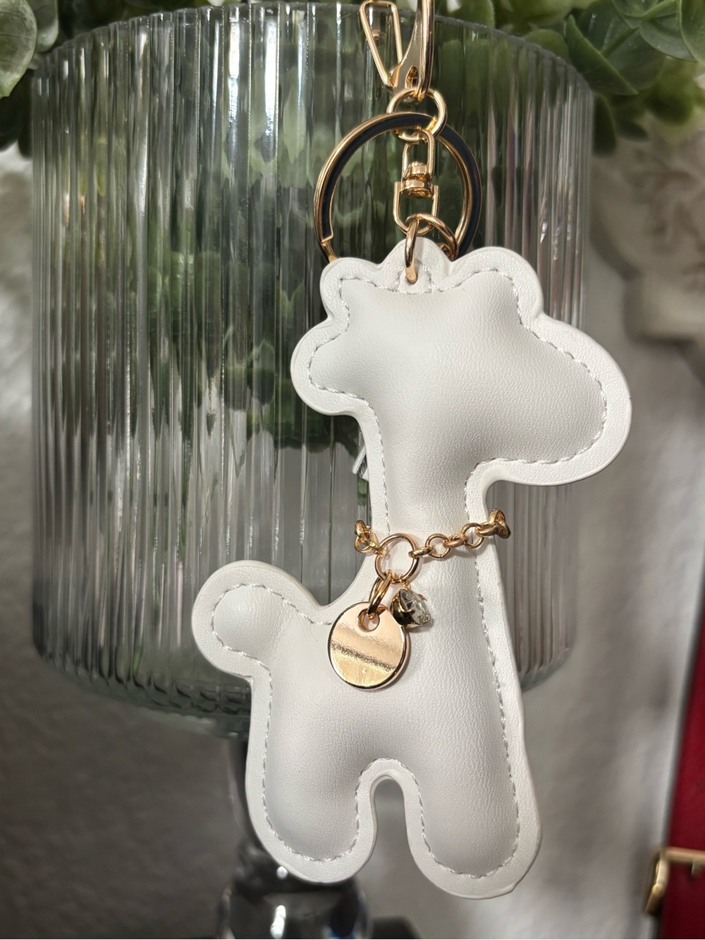 White Giraffe Faux Leather Bag Charm / Keychain with Gold Hardware &Tassel